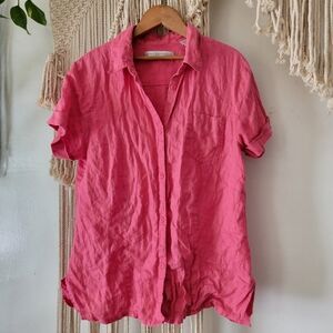 Valerie Stevens Petite Large Pure 100% Linen Hot Pink Short Sleeve Button Up